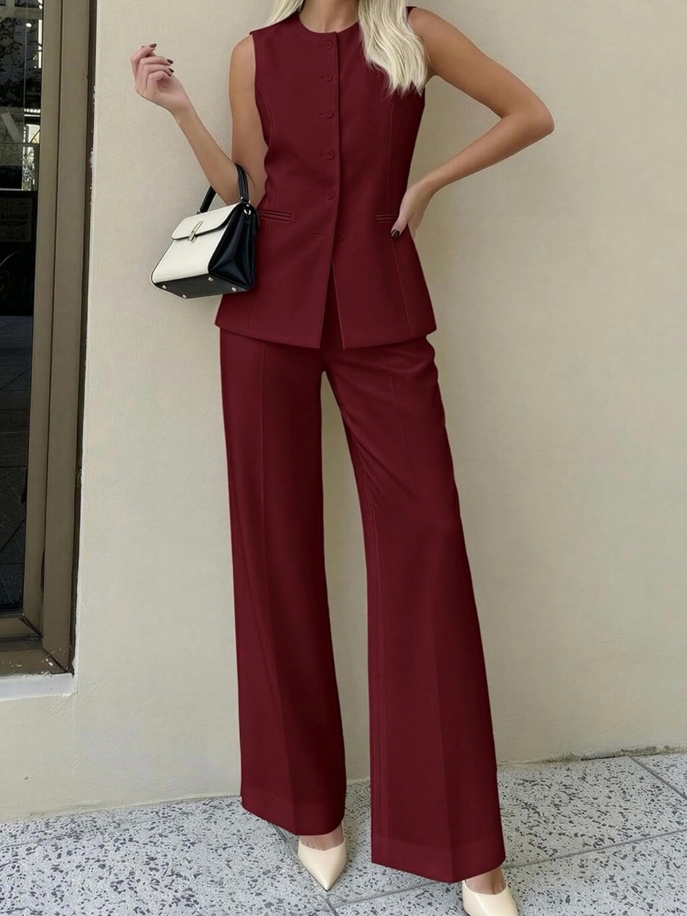#110 Sleeveless Tailored Wide-Leg Set in Deep Wine